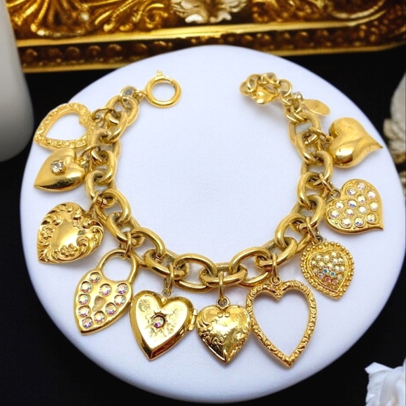 Kirks Folly Jewelry - KIRKS FOLLY Vintage Gold Plated Heart Charm Crystal Bracelet